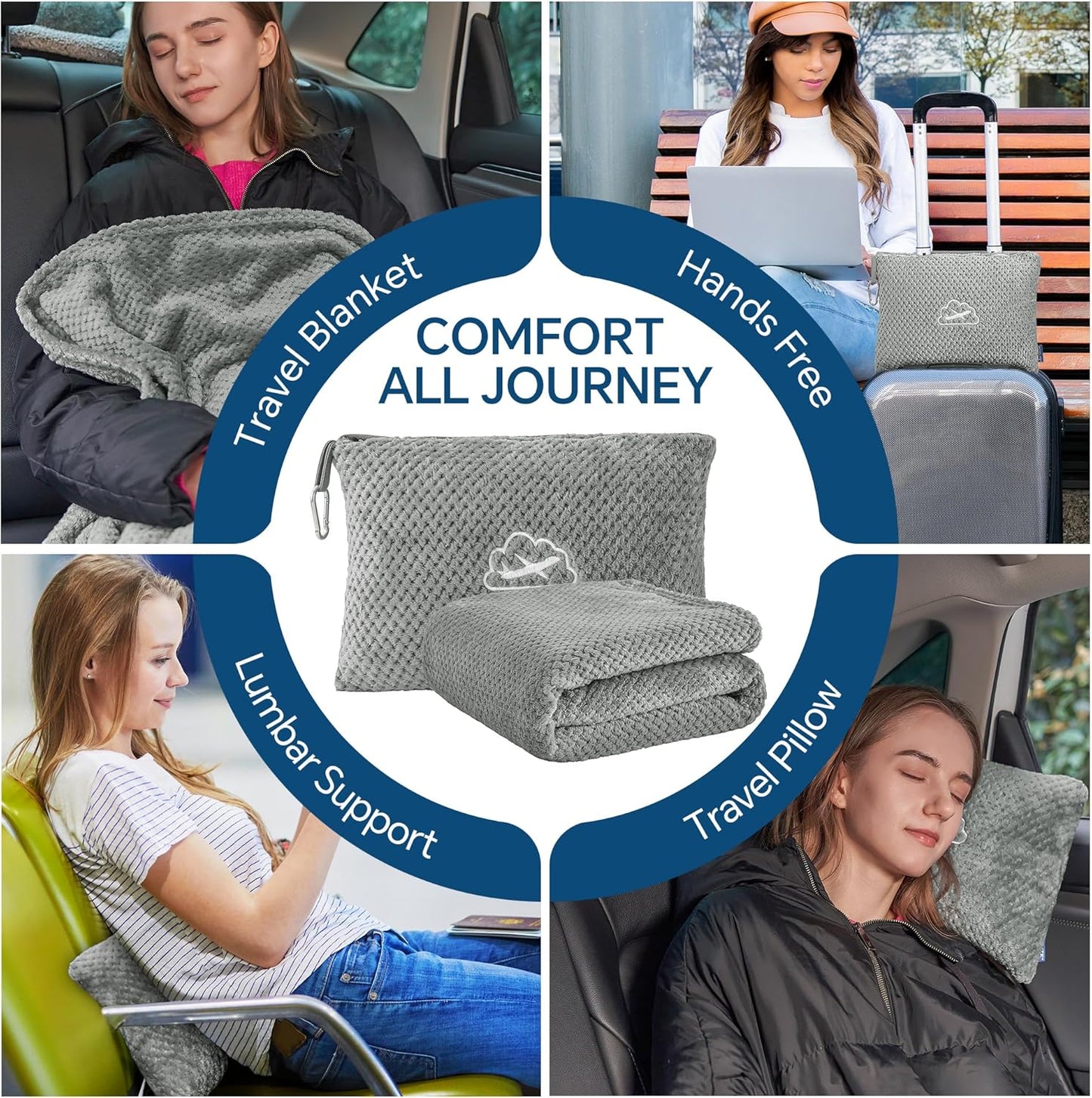 BEDELITE Travel Blanket with Bag, Ultra-Soft Jacquard Fleece Blanket with Luggage Sleeve & Backpack Clip, Airplane Blanket Travel Essentials, Blue