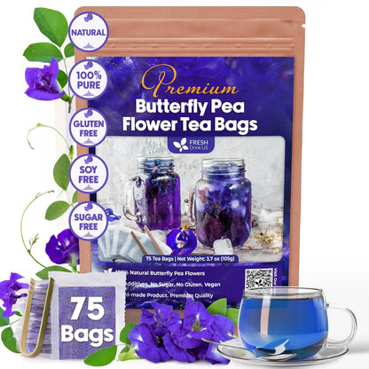 FreshDrinkUS, Premium Butterfly Pea Flowers Tea, 75 Count, Caffeine Free