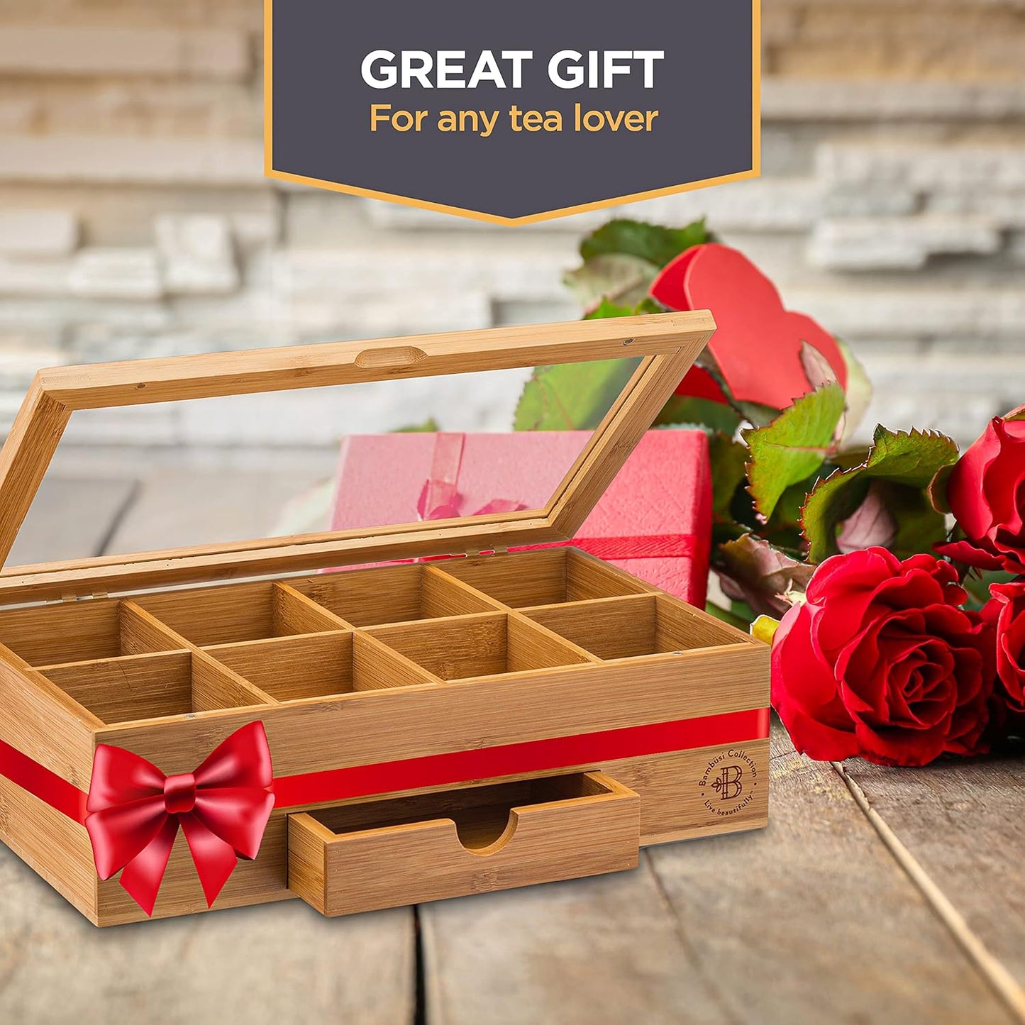 Tea Bag Organizer with Drawer - Bamboo Tea Box Organizer, 8-Compartment Tea Storage Box with Acrylic Lid and Magnetic Closure, Tea Box for Kitchen Counter, Gifts for Mom, Wife, Tea Lovers (White)