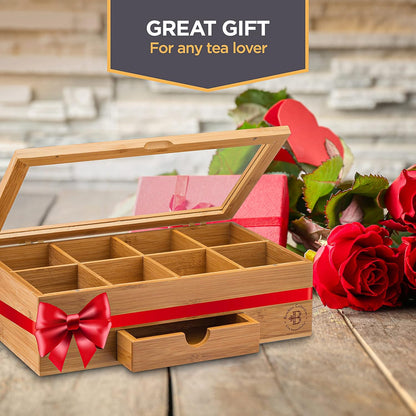 Tea Bag Organizer with Drawer - Bamboo Tea Box Organizer, 8-Compartment Tea Storage Box with Acrylic Lid and Magnetic Closure, Tea Box for Kitchen Counter, Gifts for Mom, Wife, Tea Lovers (White)