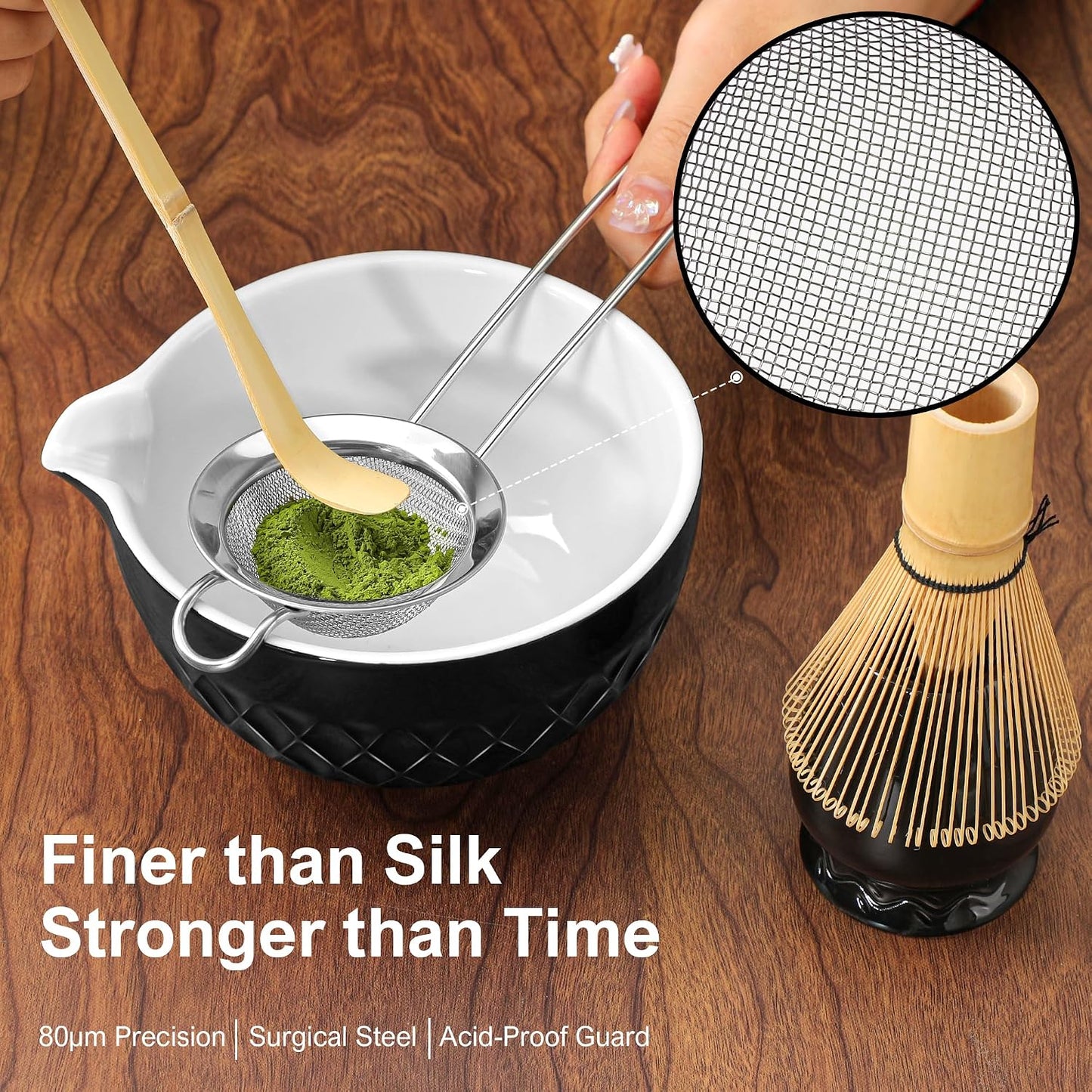 Matcha Whisk Set, 7 Pcs Matcha Kit, Ceramic Matcha Set Includes Matcha Bowl with Spout, Matcha Whisk and Holder, Bamboo Scoop, Scoop Rest, Sifter and Tea Towel (Ceramic White)