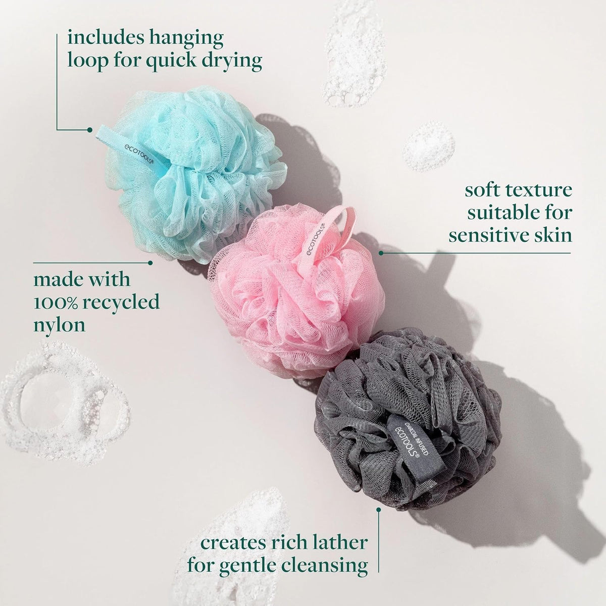 EcoTools EcoPouf 3 Pack Bath Sponge Set, Shower Poufs