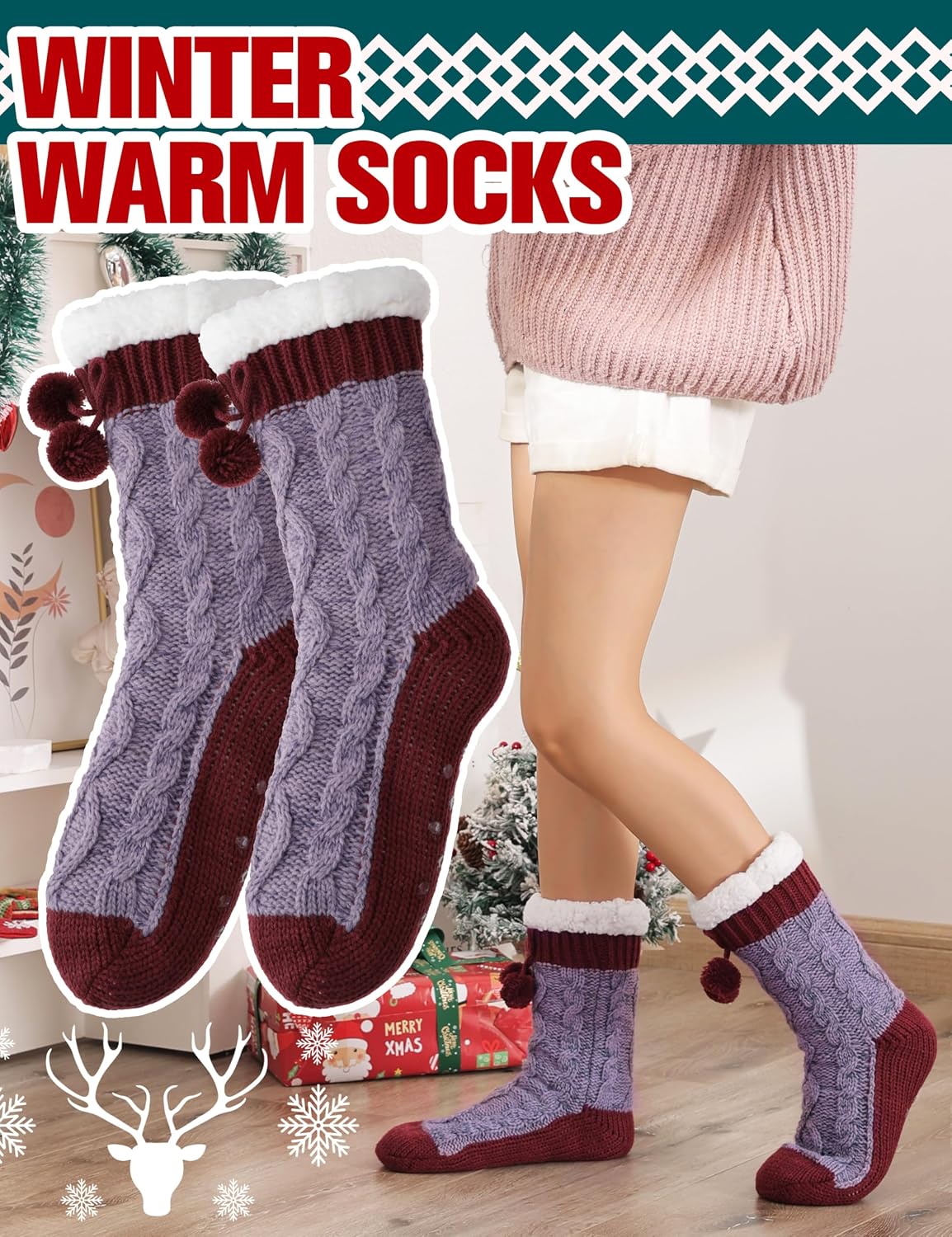 Welwoos Womens Slipper Fuzzy Grips Socks Fluffy Winter Warm Thick Thermal Cozy Plush Non Slip Cabin Soft Fleece Socks