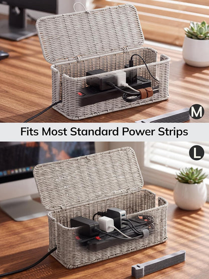 Cable Management Box, Cord Organizer with Lid & Cable Ties - Brown, L