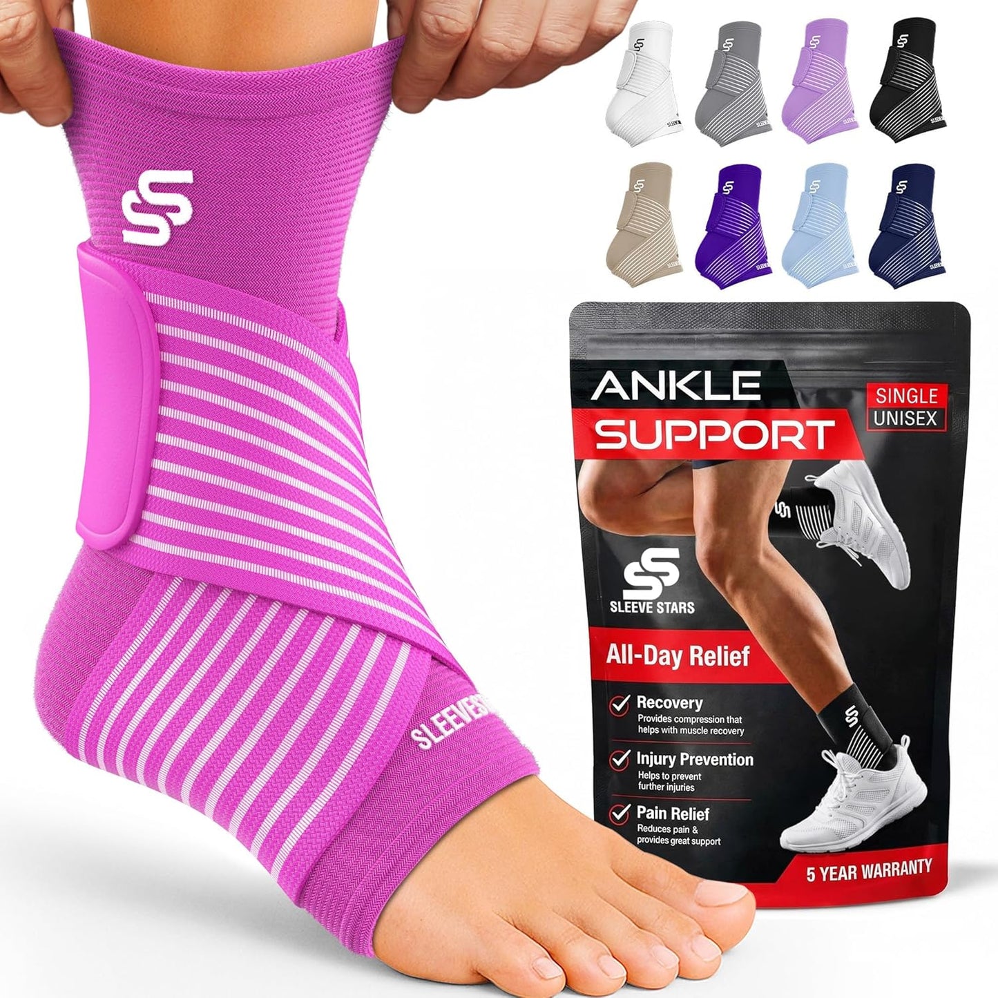 Sleeve Stars Ankle Brace for Women & Men, Ankle Wrap for Sprain, Compression Sleeve for Plantar Fasciitis Relief, Easy Customizable Support: w/ Removable Strap (Single/M:10"-12"/Black)