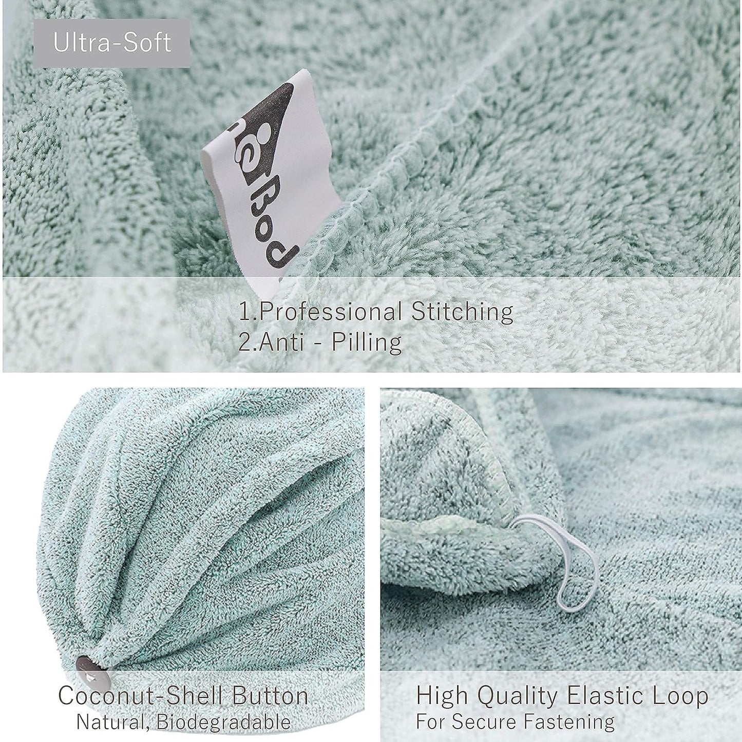 myHomeBody Hair Towel Wrap, Luxury Quick Drying Turban, Ultra Soft Absorbent Charcoal Fiber Cap, with Coconut Shell Button – Gray