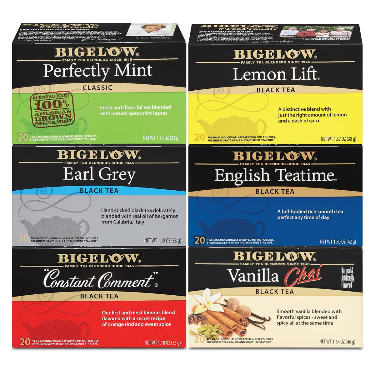 Bigelow Tea Black Tea 6 Flavor Variety Pack, 20 Count (Pack of 6)