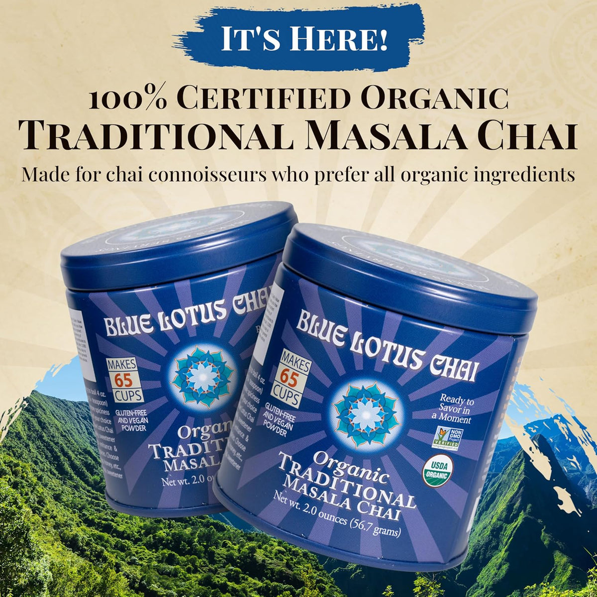 Blue Lotus Chai - Traditional Masala Chai - Makes 100 Cups - 3 Ounce Masala Spiced Chai Powder with Organic Spices - Instant Indian Tea No Steeping - No Gluten