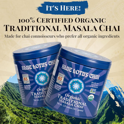 Blue Lotus Chai - Traditional Masala Chai - Makes 100 Cups - 3 Ounce Masala Spiced Chai Powder with Organic Spices - Instant Indian Tea No Steeping - No Gluten