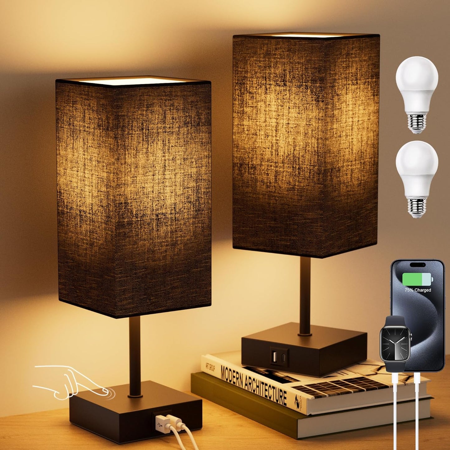 Table Lamp for Bedroom, 3 Way Dimmable Touch Bedside Lamp, Small Lamp with 2 USB C+A Charging Ports, Black Nightstand Lamps for End Table, Living Room, Desk, Bulb Included