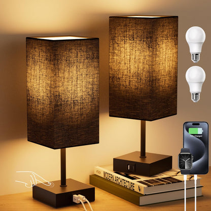 Table Lamp for Bedroom, 3 Way Dimmable Touch Bedside Lamp, Small Lamp with 2 USB C+A Charging Ports, Black Nightstand Lamps for End Table, Living Room, Desk, Bulb Included