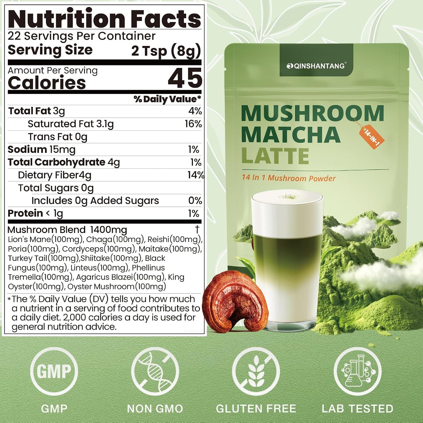 Mushroom Matcha Latte, Ceremonial Matcha Green Tea Powder with 14 Mushrooms, Probiotics and MCT Powder | Lion's Mane, Reishi & Chaga | Instant Latte Mix, Non-GMO, Vegan & Sugar-Free | 6.35 Oz