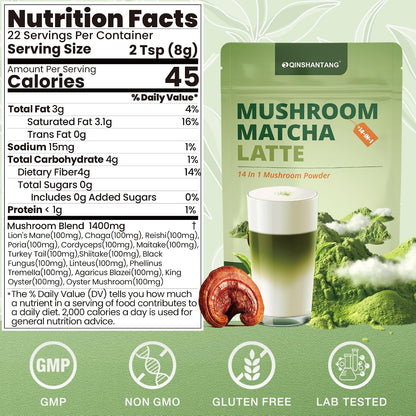 Mushroom Matcha Latte, Ceremonial Matcha Green Tea Powder with 14 Mushrooms, Probiotics and MCT Powder | Lion's Mane, Reishi & Chaga | Instant Latte Mix, Non-GMO, Vegan & Sugar-Free | 6.35 Oz
