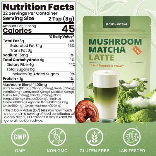 Mushroom Matcha Latte, Ceremonial Matcha Green Tea Powder with 14 Mushrooms, Probiotics and MCT Powder | Lion's Mane, Reishi & Chaga | Instant Latte Mix, Non-GMO, Vegan & Sugar-Free | 6.35 Oz
