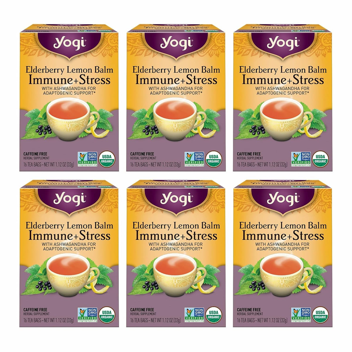 Yogi Elderberry Lemon Balm Immune & Stress Tea, 16 Tea Bags (6 Pack)