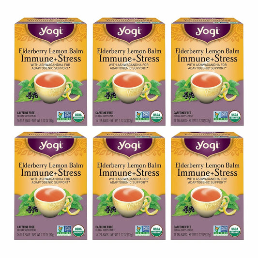 Yogi Elderberry Lemon Balm Immune & Stress Tea, 16 Tea Bags (6 Pack)