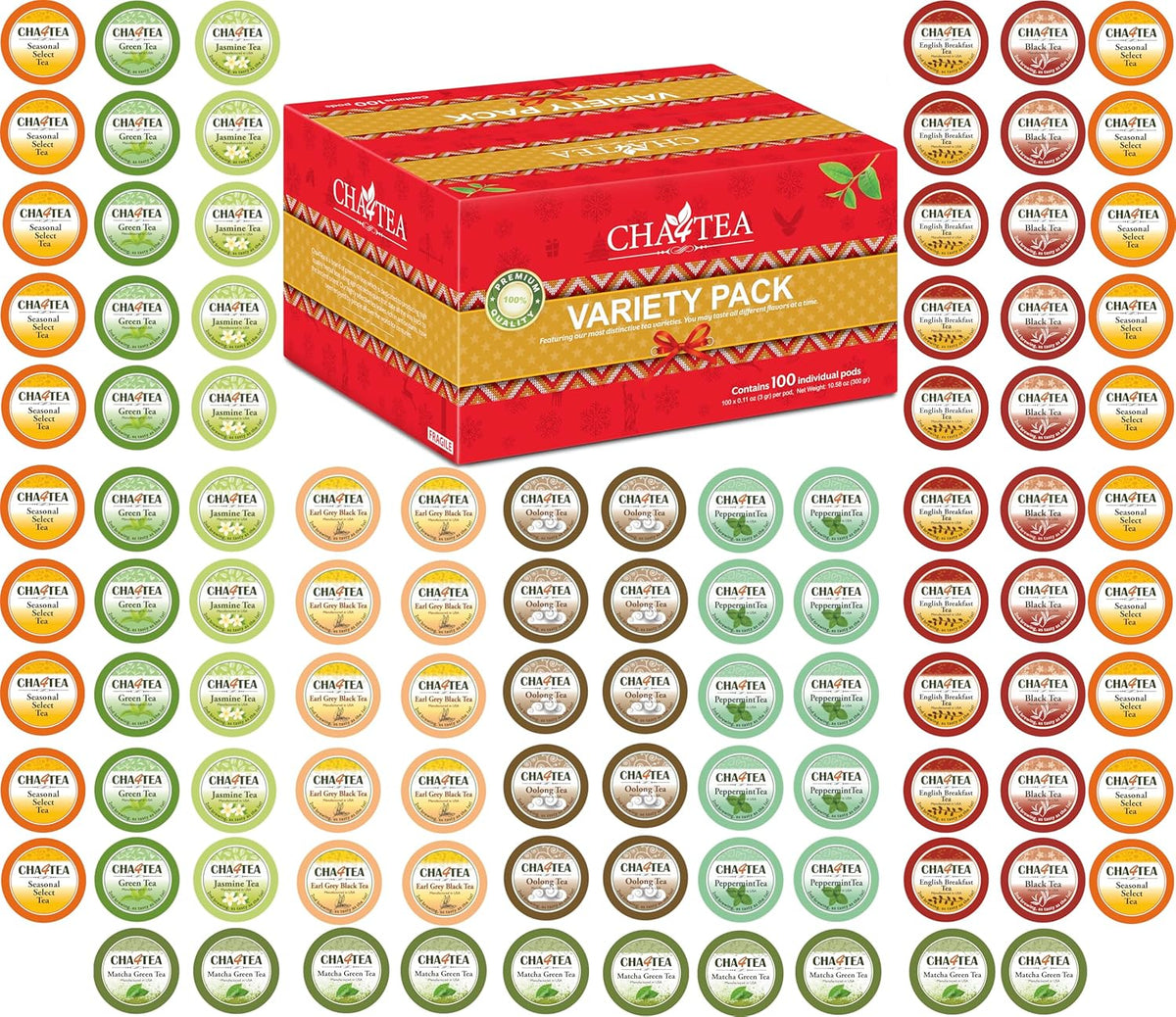 Cha4TEA 100-Count Variety Pack Tea Pod Compatible with Keurig K-Cup Brewers