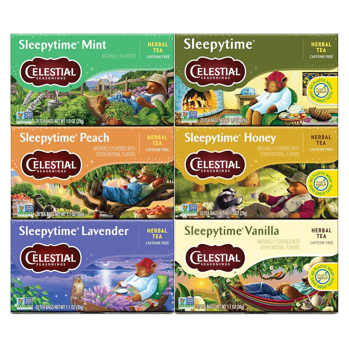 Celestial Seasonings Sleepytime Herbal Tea, Variety Pack - Caffeine Free Sleep Tea, 20 Tea Bags Per Box (Pack of 6)