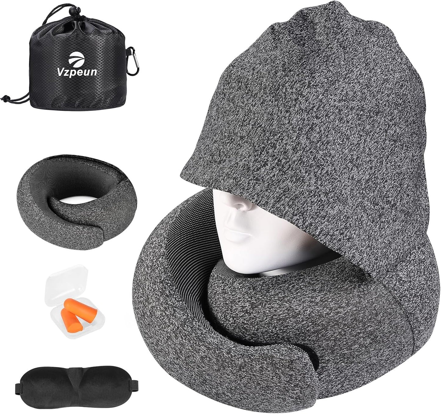 Travel Pillow - Hooded Neck Pillow Airplane Memory Foam Filling for Plane, Office, Cars Sleeping, Road Trip, Long Flights, Airplane Travel Essentials, Includes Eye Mask & Earplugs (Green)