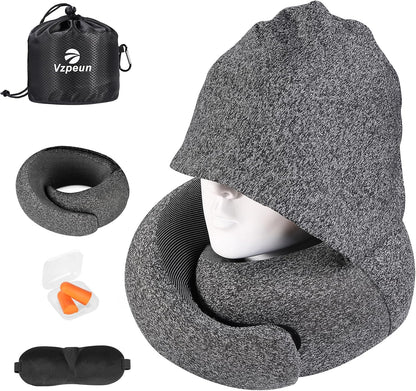 Travel Pillow - Hooded Neck Pillow Airplane Memory Foam Filling for Plane, Office, Cars Sleeping, Road Trip, Long Flights, Airplane Travel Essentials, Includes Eye Mask & Earplugs (Green)