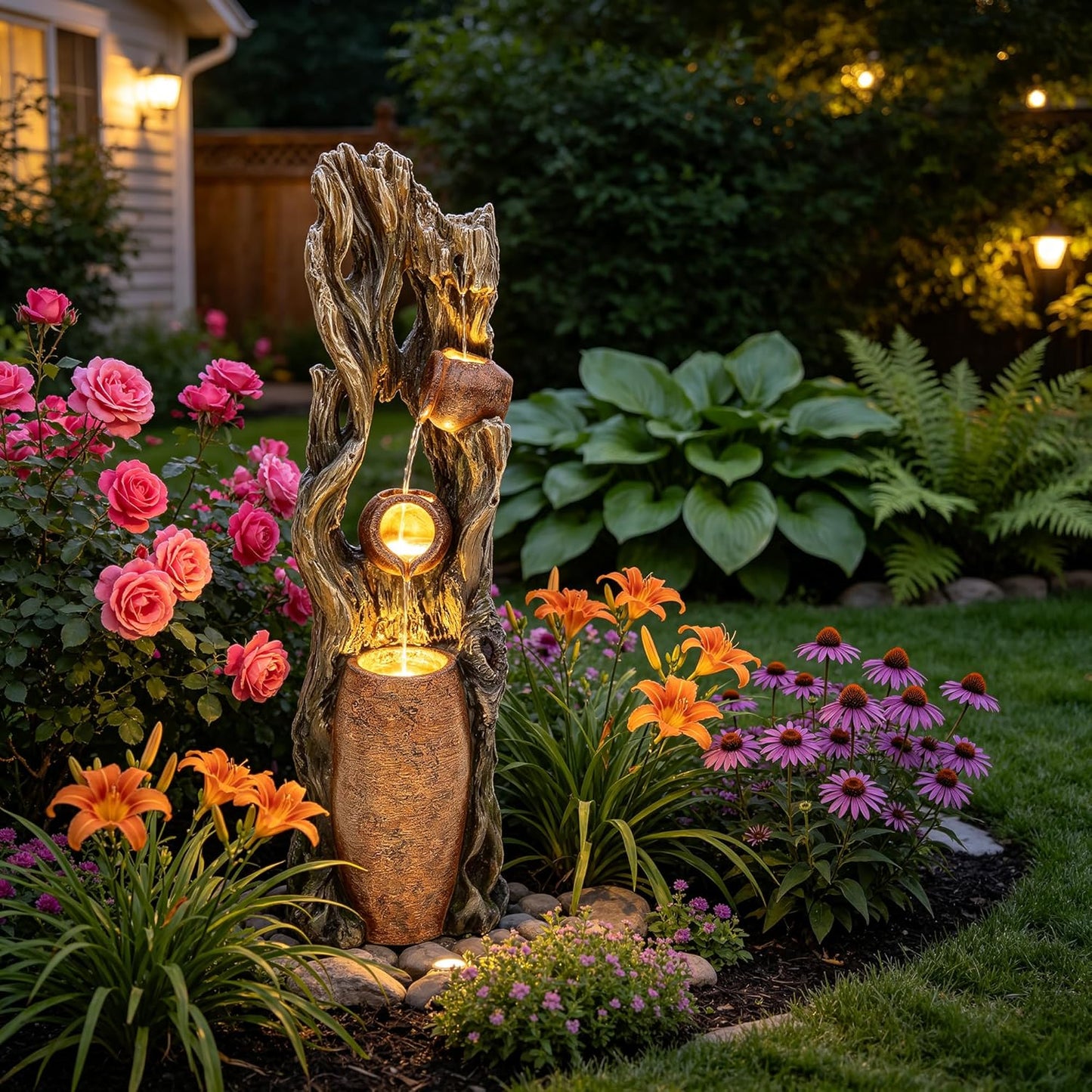 19.5" H 4-Tier Indoor & Outdoor Water Fountain with LED Lights | Resin Pebble Textured Tabletop Cascading Water Feature, Relaxing Decor for Patio, Porch, Deck, Yard & Home