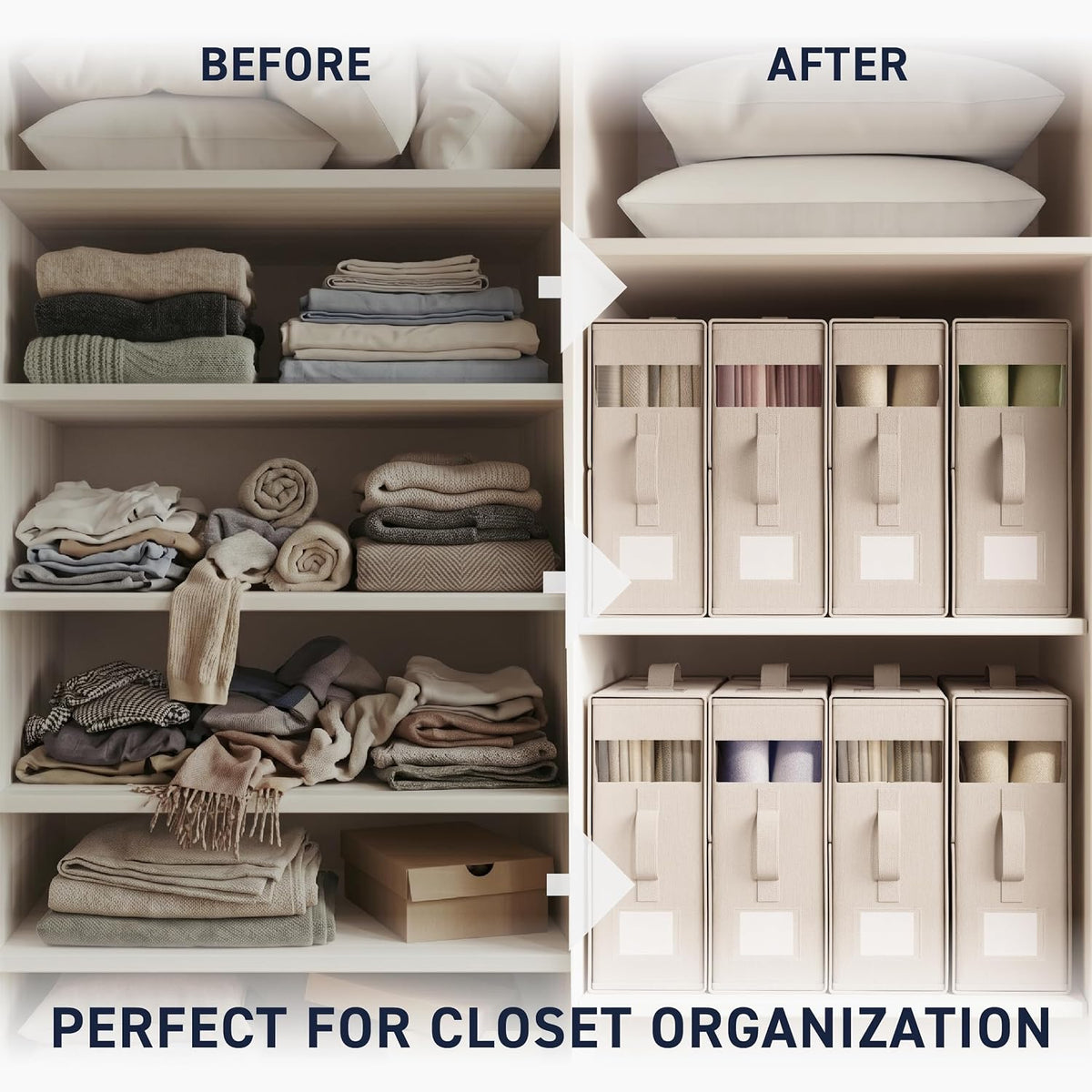 Ornavo Home Linen Bed Sheet Organizer Bins 4 Pack, With Handles, Beige