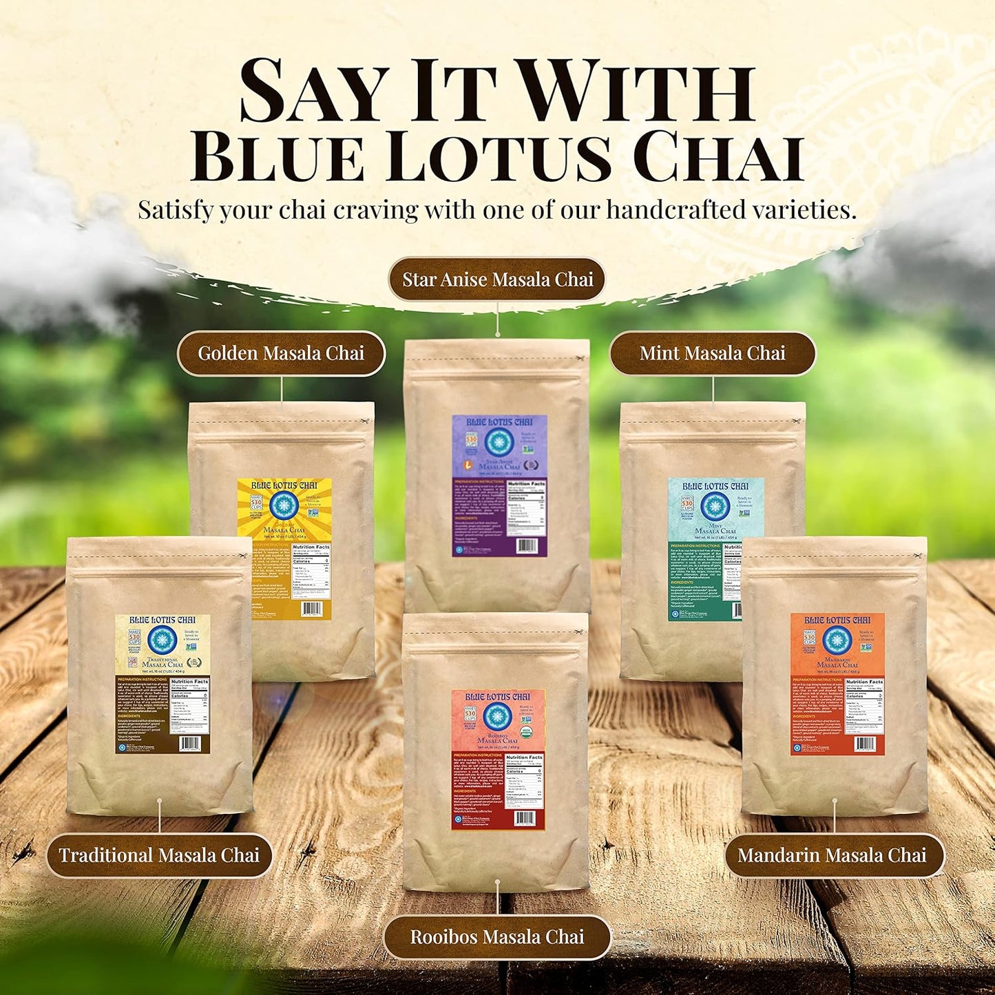 Blue Lotus Chai - Rooibos Flavor Masala Chai - Makes 65 Cups - 2 Ounce Masala Spiced Chai Powder with Organic Spices - Instant Indian Tea No Steeping - No Gluten