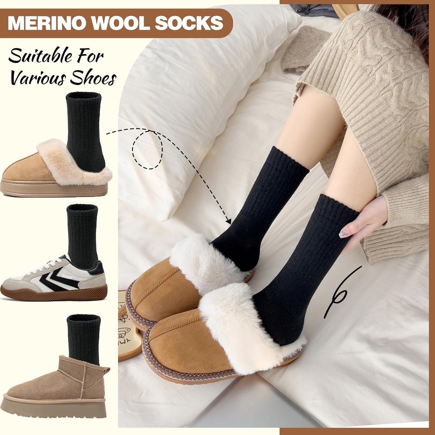 EBMORE 5 Pairs Women Merino Wool Boot Socks Warm Thermal Winter Thick Hiking Cozy Cabin Crew Comfy Socks for Ladies