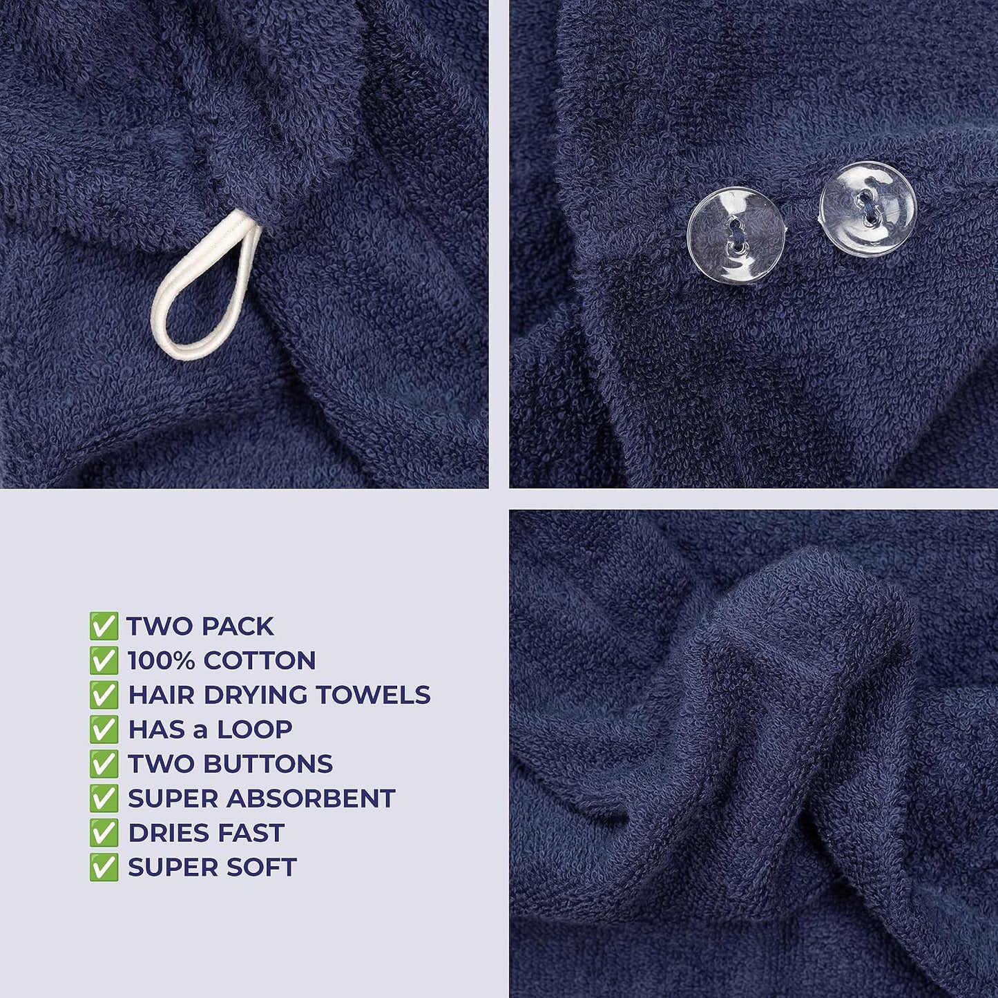 American Soft Linen 100% Cotton Hair Towels for Women, Head Towel Cap, Cotton Hair Turban Towel Wrap for Long Curly Anti Frizz Hair, Soft and Absorbent Cotton Hair Towels 2 Pack, White