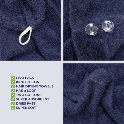 American Soft Linen 100% Cotton Hair Towels for Women, Head Towel Cap, Cotton Hair Turban Towel Wrap for Long Curly Anti Frizz Hair, Soft and Absorbent Cotton Hair Towels 2 Pack, White