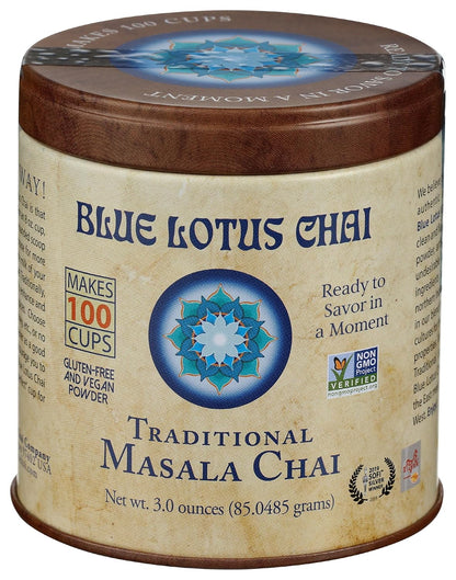 Blue Lotus Chai - Traditional Masala Chai - Makes 100 Cups - 3 Ounce Masala Spiced Chai Powder with Organic Spices - Instant Indian Tea No Steeping - No Gluten