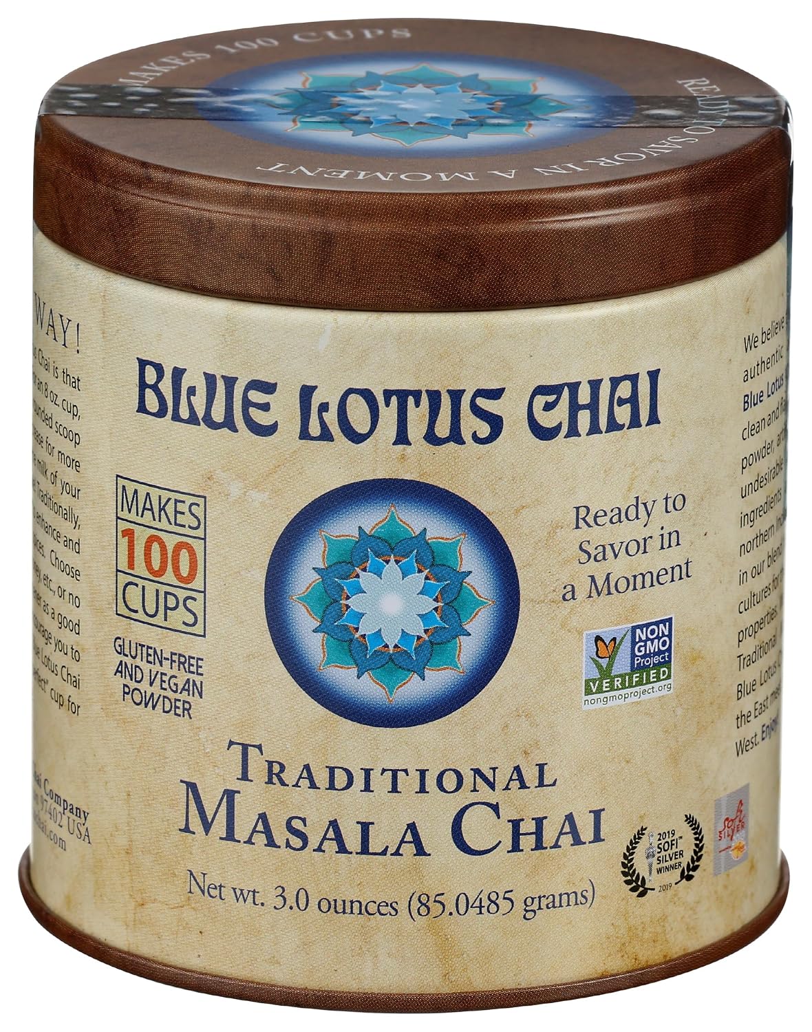 Blue Lotus Chai - Traditional Masala Chai - Makes 100 Cups - 3 Ounce Masala Spiced Chai Powder with Organic Spices - Instant Indian Tea No Steeping - No Gluten