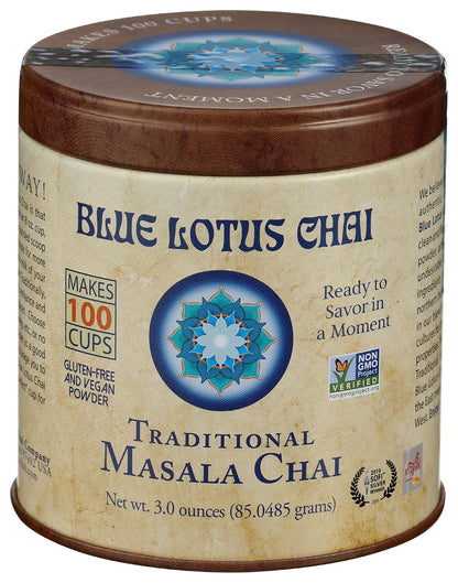 Blue Lotus Chai - Traditional Masala Chai - Makes 100 Cups - 3 Ounce Masala Spiced Chai Powder with Organic Spices - Instant Indian Tea No Steeping - No Gluten