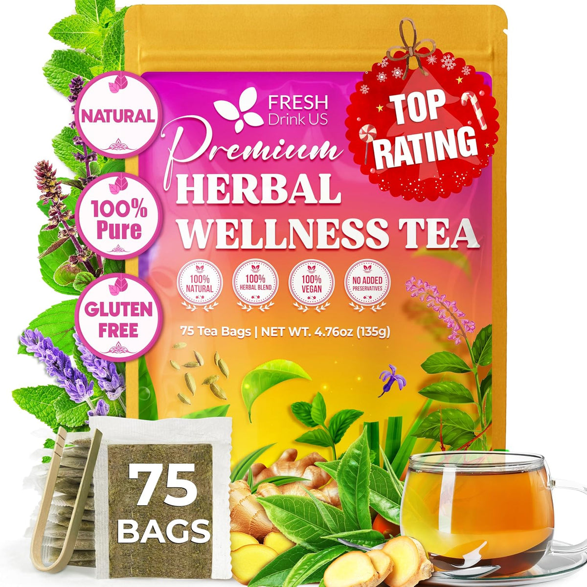 FreshDrinkUS, Premium Herbal Wellness Tea, 75 Count, Caffeine Free, Vegan
