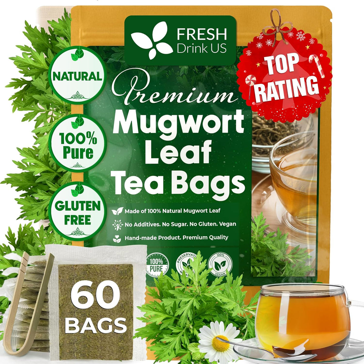 FreshDrinkUS, Premium 60 Mugwort Leaf Tea Bags, 100% Natural and Pure Mugwort Leaves. No Sugar, No Caffeine, No Gluten, Vegan.