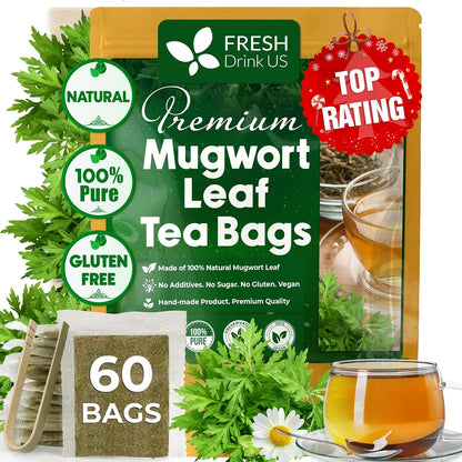 FreshDrinkUS, Premium 60 Mugwort Leaf Tea Bags, 100% Natural and Pure Mugwort Leaves. No Sugar, No Caffeine, No Gluten, Vegan.