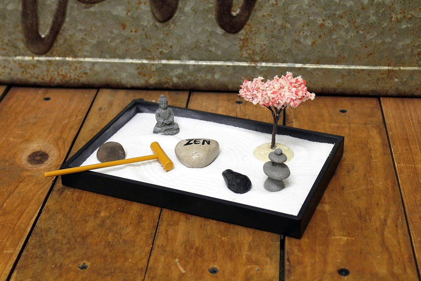 Nature's Mark Mini Zen Garden Kit for Desk with Rake, White Sand, Lotus Figure, 3 Sections Black Square Base, River Rocks and Black Rocks (9Lx9W C)
