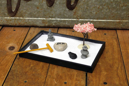 Nature's Mark Mini Zen Garden Kit for Desk with Rake, White Sand, Lotus Figure, 3 Sections Black Square Base, River Rocks and Black Rocks (9Lx9W C)
