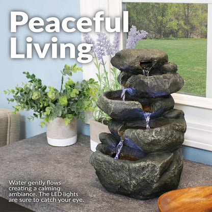Sunnydaze 10" 5-Step Tabletop Water Fountain with LED Lights, Stacked Rocks