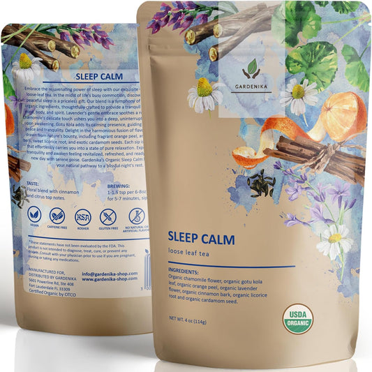 Gardenika Organic Sleep Loose Leaf Tea with Chamomile and Lavender Flowers, Herbal, Caffeine Free, KSA Kosher, Ayurvedic Blend - 4 oz
