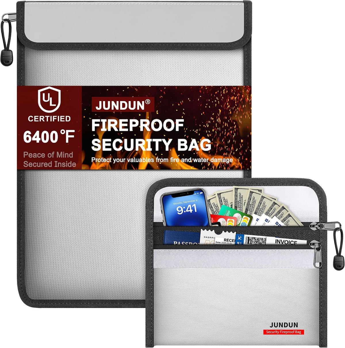 JUNDUN 6400°F Fireproof Document Bag,15"x11" & 8.5"x6"