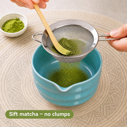 Matcha Whisk Set with Ceramic Bowl - Complete Matcha Making Kit, Bamboo Whisk (Chasen), Whisk Holder, Matcha Powder Sifter, Scoop, Japanese Tea Ceremony Tools（Green）