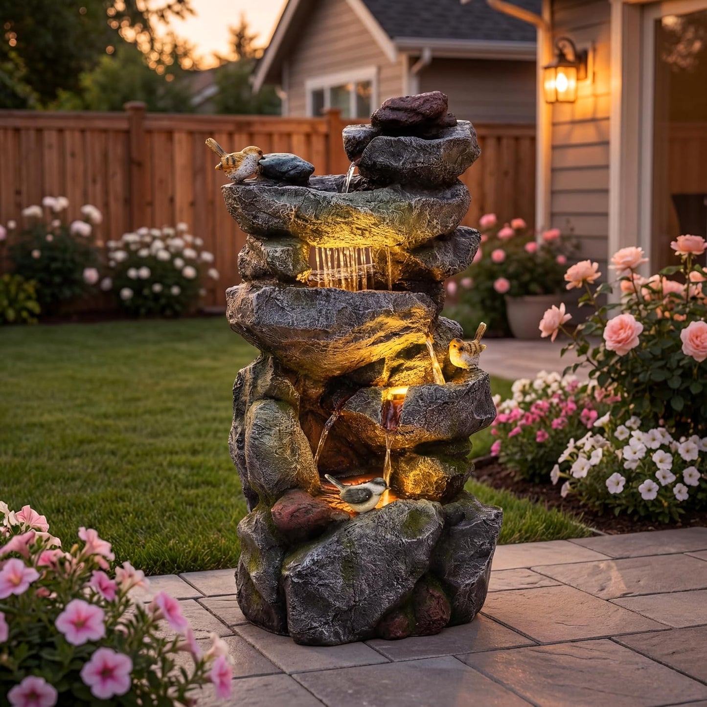 19.5" H 4-Tier Indoor & Outdoor Water Fountain with LED Lights | Resin Pebble Textured Tabletop Cascading Water Feature, Relaxing Decor for Patio, Porch, Deck, Yard & Home
