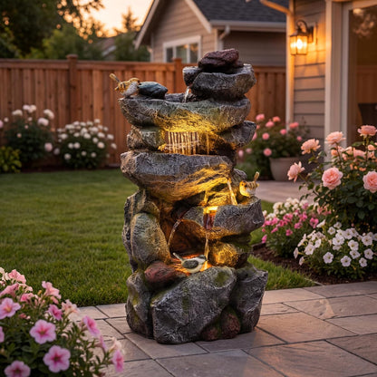 19.5" H 4-Tier Indoor & Outdoor Water Fountain with LED Lights | Resin Pebble Textured Tabletop Cascading Water Feature, Relaxing Decor for Patio, Porch, Deck, Yard & Home