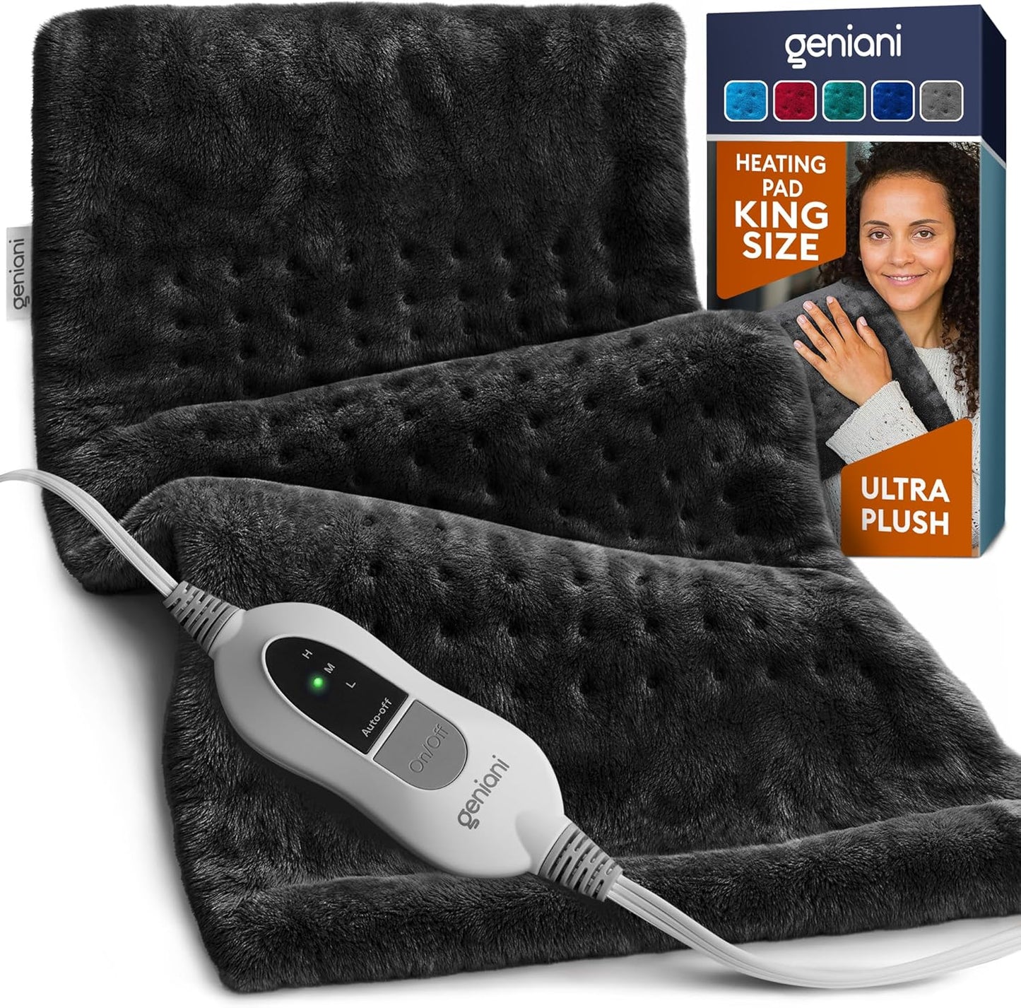 GENIANI Electric Heating Pad for Back Pain & Cramps Relief, Electric Throw, Self Care Gifts for Women, Heating Pad for Neck & Shoulder, Machine Washable Microplush, Auto Shut Off (12"x24", Tabby Gray)