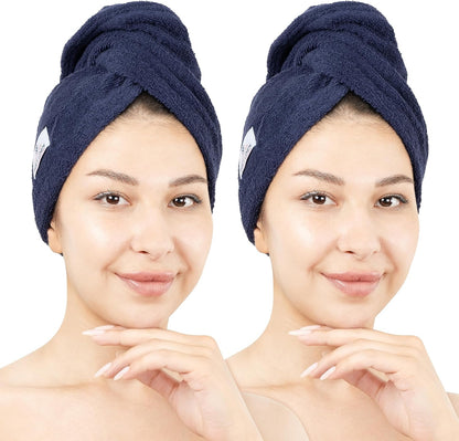 American Soft Linen 100% Cotton Hair Towels for Women, Head Towel Cap, Cotton Hair Turban Towel Wrap for Long Curly Anti Frizz Hair, Soft and Absorbent Cotton Hair Towels 2 Pack, White