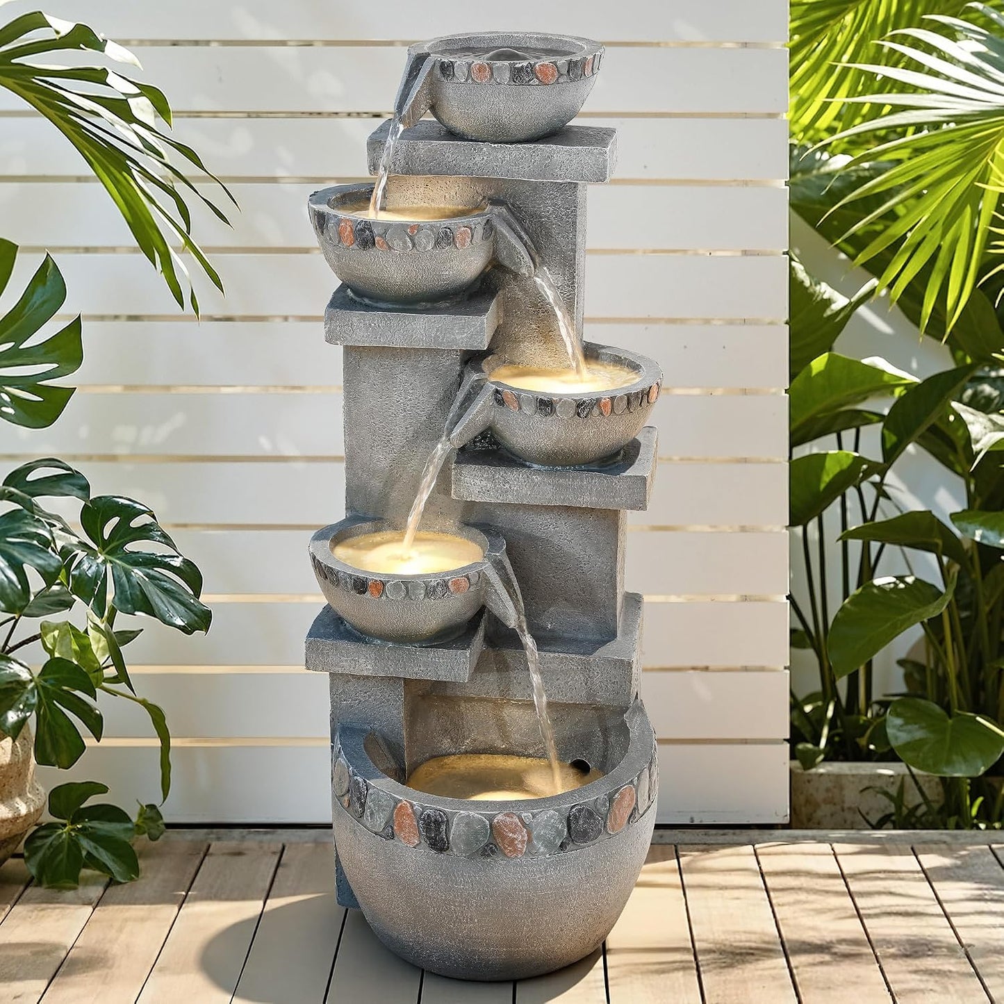 19.5" H 4-Tier Indoor & Outdoor Water Fountain with LED Lights | Resin Pebble Textured Tabletop Cascading Water Feature, Relaxing Decor for Patio, Porch, Deck, Yard & Home