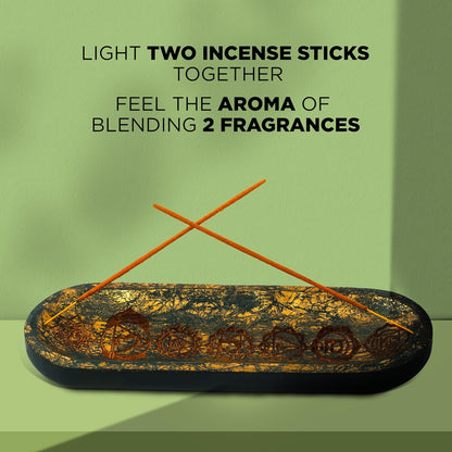 Hand Carved Incense Holder-Incense Burner/Ash Catcher/Handmade Wooden Insence Tray – Modern Gift Home/Room/Seven Chakra Blue Gold Kitchen Décor Size 11x4x1.5 Inches