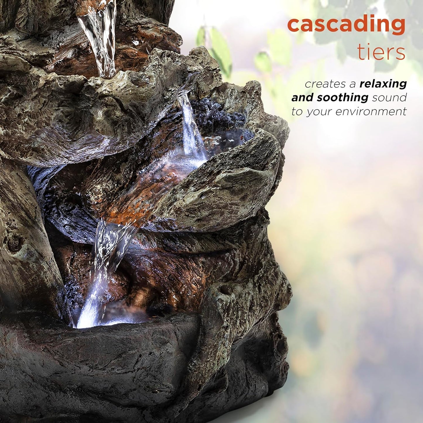 Alpine Corporation | 14"H Indoor Tiered Log Tabletop Fountain with LED Lights — Cascading Waterfall Design Creates Relaxing Ambiance for Home & Office Décor