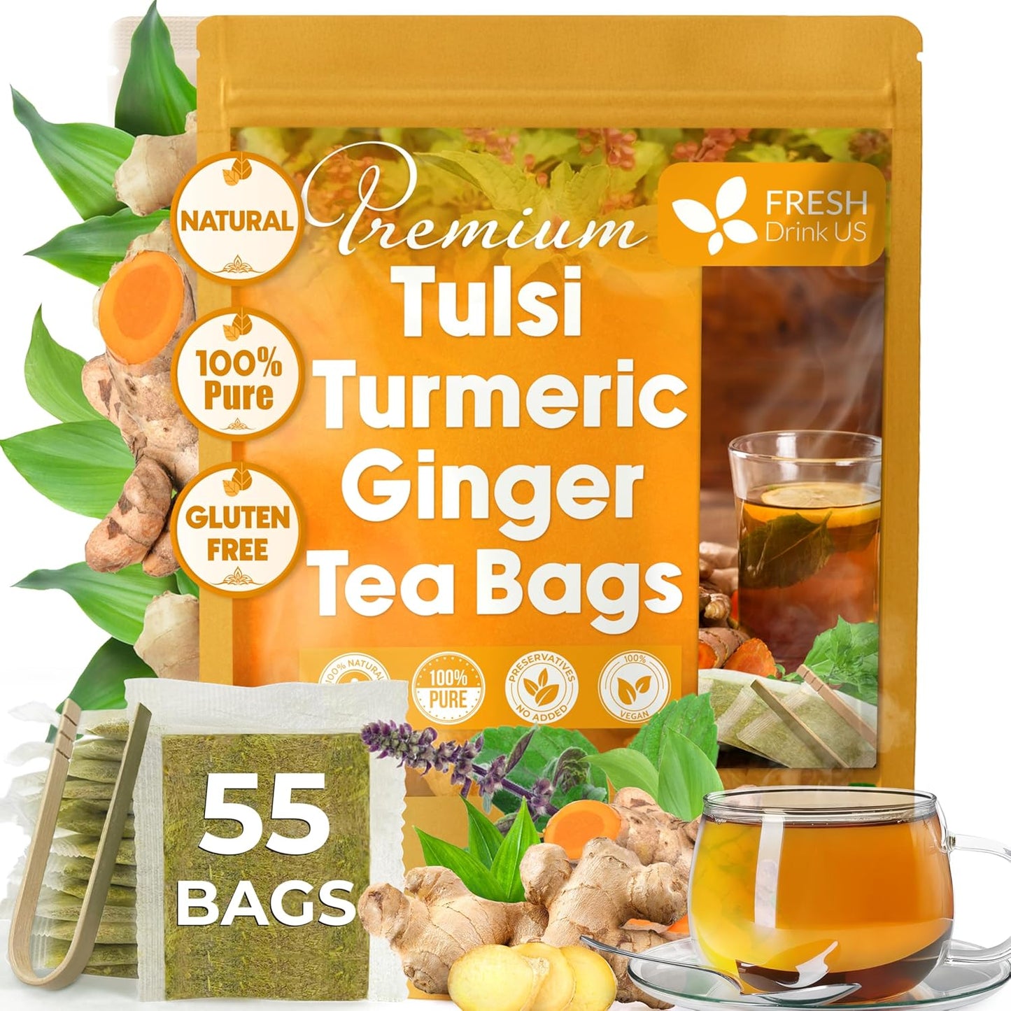FreshDrinkUS, Premium 150 Lemon Ginger Tea Bags, 100% Natural Ingredients, Hand-made Blend of Lemon and Ginger, Eco-conscious Tea Bags. No Sugar, No Caffeine, Vegan. - Colors B